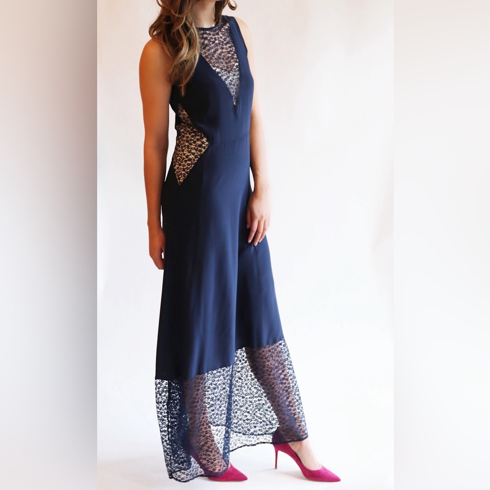 Jenni Kayne navy lace gown with cutouts, sz M
